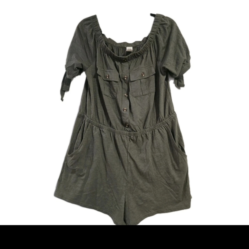 Derek Heart Soft Stretch Olive Green Romper With Pockets, XL